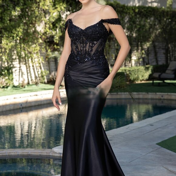 Black formal dress.Prom party off the shoulder gala military ball mother bride - Picture 1 of 5